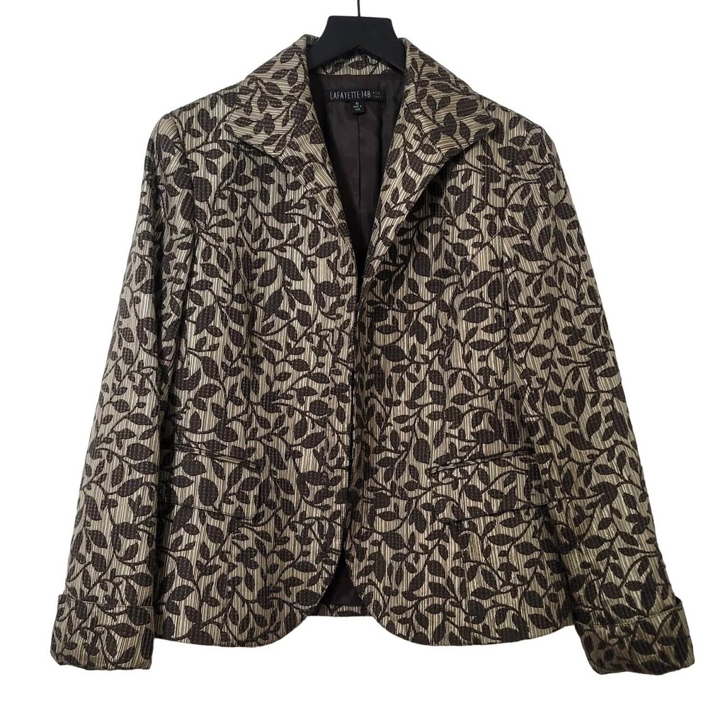 Lafayette 148 New York Wool Brown Gold Blazer 10 Floral Print Brocade Jacket